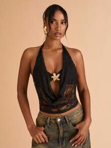 SHEIN BAE Damski głęboki dekolt z koronką i wzorem gwiazdy morskiej, seksowny top typu halter