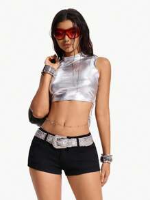 Jeanoix EZwear 女士时尚弹力牛仔短裤，带口袋 - 黑色 - 查看 4