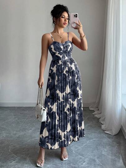 Elenzga Women's Summer Casual Vacation Floral Print Pleated Hem Sleeveless Dress