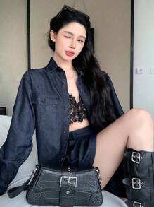 DAZY 2pcs Women Oversized Casual Street Vintage Washed Denim Top And Pleated Skirt Suit, Suitable For Back To School Season Fall/Winter - Dark Wash - View 7