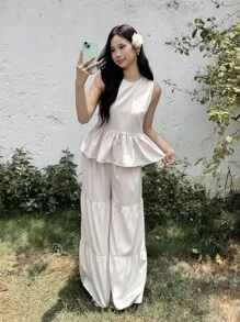 SHEIN 青少年女孩优雅通勤休闲米色套装，背部蝴蝶结设计 - 杏色 - 查看 4