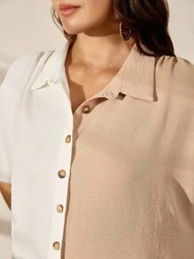 Nubod 夏季大尺碼女士色塊蝙蝠袖休閒寬鬆襯衫，帶翻領