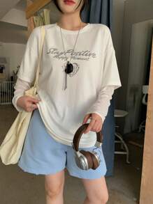 DAZY Camiseta holgada de mujer con estampado de eslogan y hombros caídos, para otoño - Blanco - Ver 4