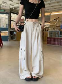DAZY Women's Casual Solid Color Wide Leg Cargo Pants - Apricot - View 9