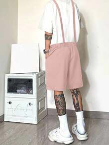 Manfinity Hypemode 男士字母印花贴袋阔腿休闲背带裤短裤夏季工装裤粉色工装裤，2000 年代风格