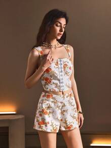 SHEIN BAE 女式优雅花卉印花无袖牛仔夏季衬衫 - 白色 - 查看 6