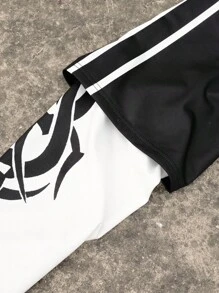 Manfinity EMRG 大码男士字母印花圆领二合一长袖休闲T恤，夏季，秋季 - 黑色 - 查看 4
