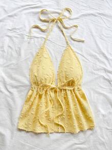 Soleia V 领系带无袖纹理面料白色露背背心，适合假日、约会、情人节、下午茶等休闲穿着 - 黃色 - 查看 5