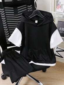 Tween Boys 2 In 1 Color Block Hooded T-Shirt And Shorts Black And White Summer Casual City Break Kids Outfits Toddler Boy Back To School Set,Spring - Black - View 3