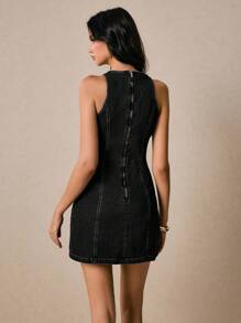 Poéselle 女式金属海星装饰无袖牛仔连衣裙，圆领 - 黑色 - 查看 6