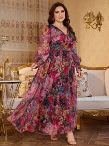 Modelyn 全新奢华优雅蓬松V领长袖连衣裙 - 玫紅色 - 查看 3