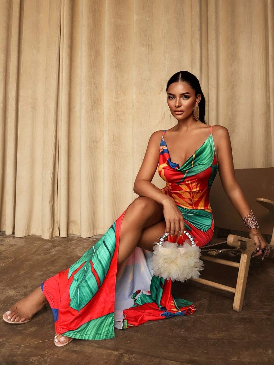 Sirith Vestido de mujer con escote profundo y abertura alta con estampado - Multicolor - Ver 1