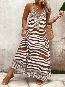 Breezaya Plus Size Women Leopard & Zebra Pattern Loose Sleeveless Dress, Summer - Brown - View 1