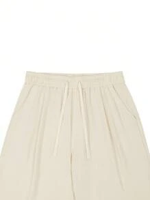 Claim Dot 男士宽松直筒阔腿亚麻抽绳腰休闲裤，宽松裤，秋季 - 杏色 - 查看 4