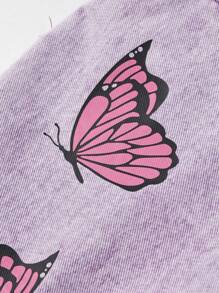 Teen Girl Purple Butterfly Print Denim A-Line Skirt, Medium Waist, Loose Fitting, Personalized Street Style Casual Retro Fashion Sweet Design - Purple - View 7