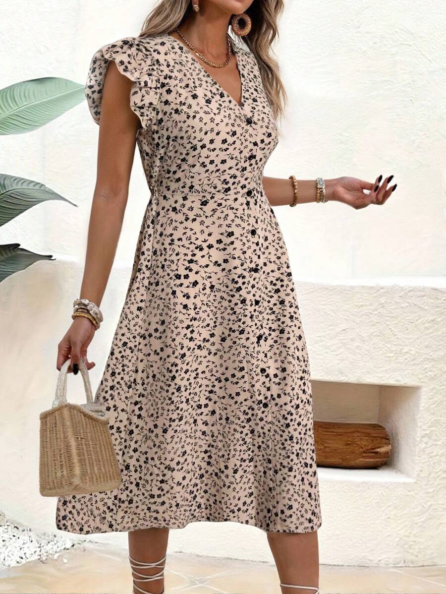 SHEIN 大码碎花盖袖休闲度假连衣裙 - 彩色 - 查看 1
