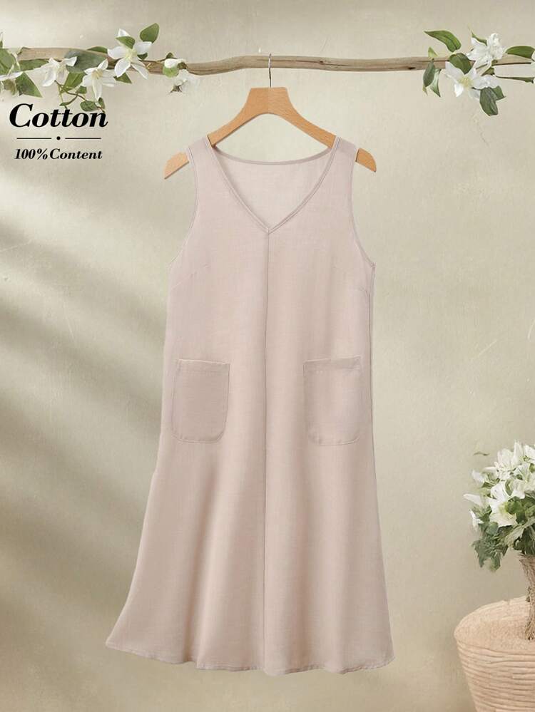 Women Casual Solid Color Sleeveless Mid-Length Dress, Summer