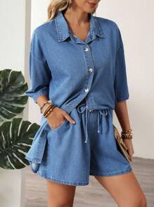 EMERY ROSE Women Casual Drop Shoulder Loose Denim Shirt And Drawstring Waist Denim Shorts Sets, Summer - Blue - View 6