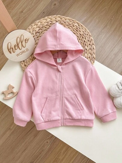 Áo khoác nỉ dài tay có mũ, màu trơn cho bé gái, áo nỉ màu hồng cho bé gái, áo nỉ có khóa kéo cho bé gái, quần áo trẻ em có khóa kéo, áo khoác nỉ có khóa kéo cho bé gái, áo khoác cho bé gái, mùa thu/đông