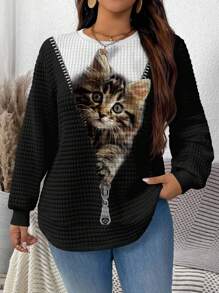 EMERY ROSE 女士加大码百搭华夫格针织图案连帽衫，饰有可爱抽象猫咪和音乐节图案，适合初秋过渡 - 彩色 - 查看 1
