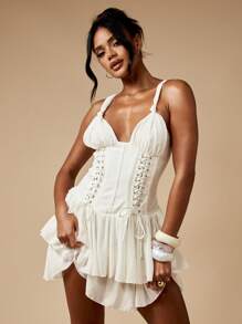 MISSGUIDED Lace Up Corset Mini Dress Waterfall Ruffle Hem Chiffon Layered Wedding Guest Reception Summer Spring Elegant Bridal Shower Party - White - View 1