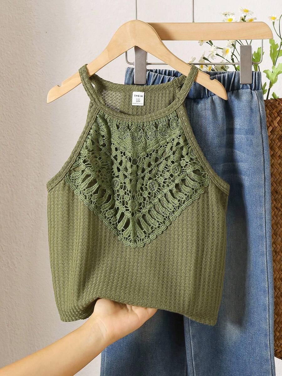 Girls' Vacation Beach Countryside Style Knitted Lace Halter Crop Top For Summer