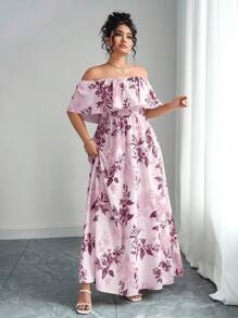 Elenzga 2025 夏季新款大码女装时尚花卉印花露肩荷叶边露肩收腰修身长裙，适合度假、约会、日常通勤、旅行