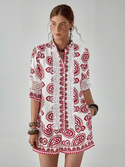 Florisole 波西米亚风格宽松两件套：花卉印花短袖衬衫和短裤