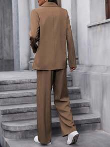 Lumivelle Completo casual da donna con giacca e pantaloni, colore tinta unita, collo a bavero, maniche lunghe. Tailleur pantalone marrone, giacca e pantaloni, set da donna in due pezzi, adatto per l'autunno. - Caffè Marrone - Visualizzare 2