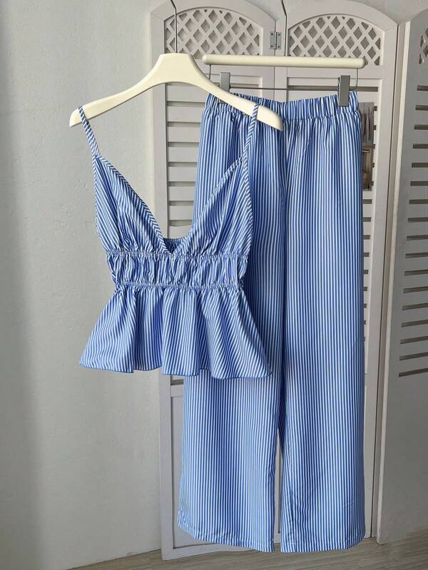 SHEIN MOOSTA Plus Size Striped Camisole And Striped Pants 2 Pieces Set