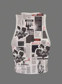 Slaydiva 2025 春夏 Y2K 街头潮流，拼贴报纸海报印花，花卉图案，休闲简约圆领紧身背心，女士夏季 - 彩色 - 查看 2