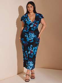 SHEIN BAE 大码女式优雅大号花卉网眼印花紧身 V 领连衣裙，长款，合身，修饰手臂，适合日常、外出、约会、下午茶、度假、春夏季、返校季女士连衣裙优雅女士正式、婚礼宾客礼服 - 藍色 - 查看 1