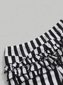ROMWE EDITION Plus Size Gothic Black & White Striped Ruffle Hem Shorts, Summer