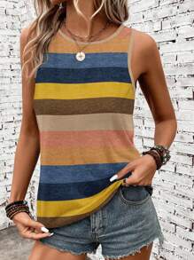 SHEIN LUNE Casual Striped Pattern Round Neck Women Tank Top, Suitable For Summer Women Tank Tops Summer Back To School - Multicolor - View 3