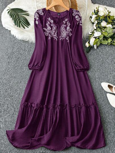 Mulvari Plus Size Women Casual Cashew Print Drawstring Neck Lantern Sleeve Dress