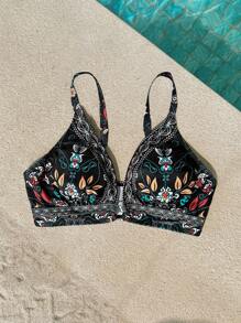 SHEIN VCAY Plus Size Vintage Floral Print Swimsuit Top Boho - Black - View 7