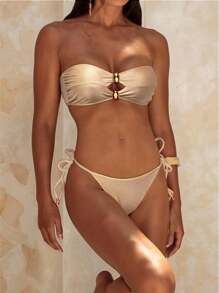 Swim Chiccia Champagne & Apricot Color Metallic Sheen Fabric Elegant Strapless Crop Top & Bikini Set For Summer Beach Vacation - Champagne - View 3