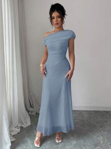 Modelyn Women's Mesh Shoulder Asymmetric Neck Pleated Hem French Elegant Charming Party Dress