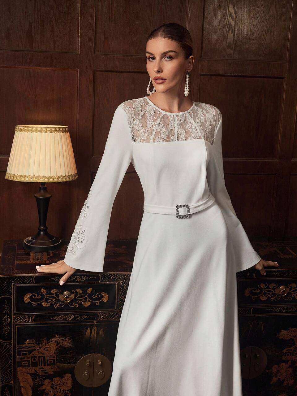 ZEYLAH Elegant Long Lace Patchwork Long Sleeve Dress, Early Autumn