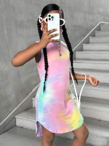 SHEIN 青少年女孩休闲街头风格时尚扎染印花圆领前短后长无袖连衣裙 - 粉色 - 查看 5