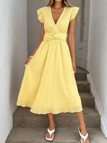 Easowa 褶皱交叉裹身前盖袖松紧腰褶皱扭纹 A 字连衣裙，优雅休闲度假装，春夏季 - Butter Yellow - 查看 3