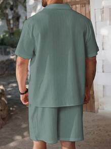 Manfinity Homme Bộ quần short và áo sơ mi tay ngắn màu trơn thường ngày mùa hè cỡ lớn cho nam - Màu xám đen - Xem 2