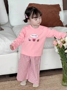Dazy Kids 女婴卡通短袖休闲T恤和格子休闲裤睡衣套装，幼儿秋季服装 - 淺粉色 - 查看 7