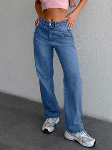 SHEIN Quần Jeans Ống Đứng 100% Cotton Cho Nữ - Màu xanh nhạt - Xem 5