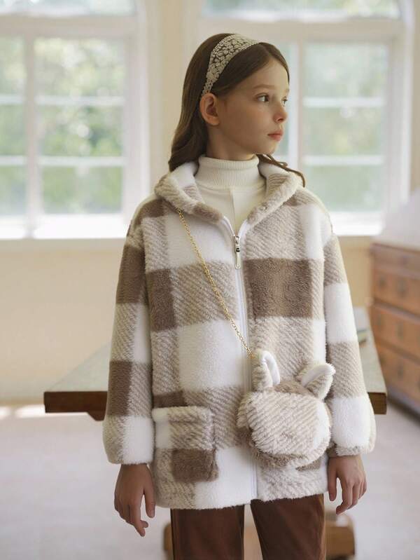 SHEIN Vintaside Kids Teenager Mädchen Teddy Mantel mit Plaid Muster, Drop Shoulder Kapuze, & Tasche