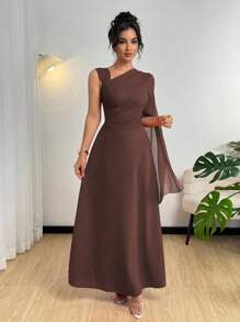 Modelyn Asymmetrical Neck Semi-Sheer Chiffon Waist Gathered Elegant Red Dress Fall Cloth For Women - Coffee - View 6
