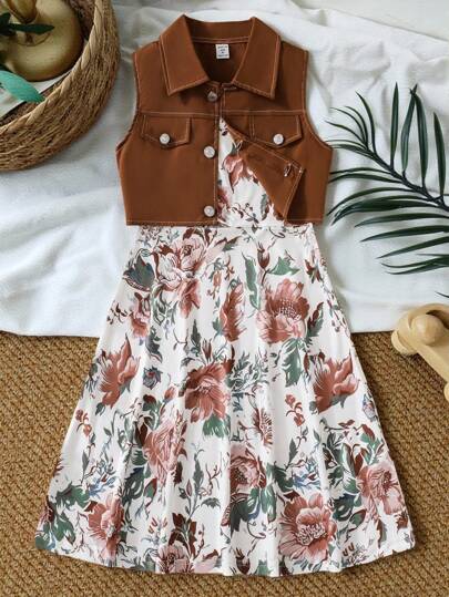 SHEIN Vintaside Kids 青少年女孩休闲优雅可爱背心夹克和花朵印花吊带裙两件套