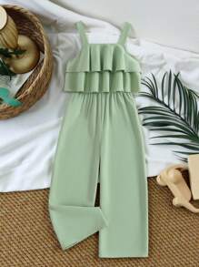 SHEIN Vintaside Kids Tween Girl Solid Color Ruffle Detail Belted Jumpsuit With Straight Leg Summer Holiday - Green - View 8