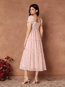 Savoree 优雅花卉印花泡泡袖系腰蕾丝边连衣裙，适合女士，婚礼宾客礼服，仙女裙，露肩