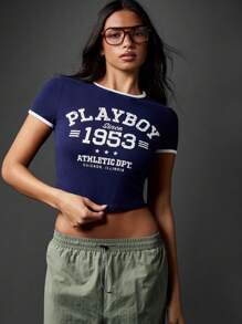 Missguided x Playboy 徽标短款 T 恤复古学院风印花短袖 Ringer T 恤经典大学设计休闲装针织夏季上衣 - 藏蓝色 - 查看 5